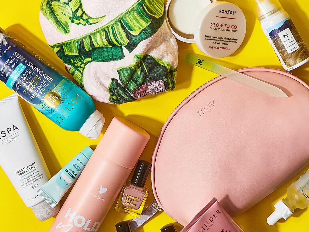 Image of skincare, nail, makeup, hair care products, and IPSY makeup pouches on yellow background