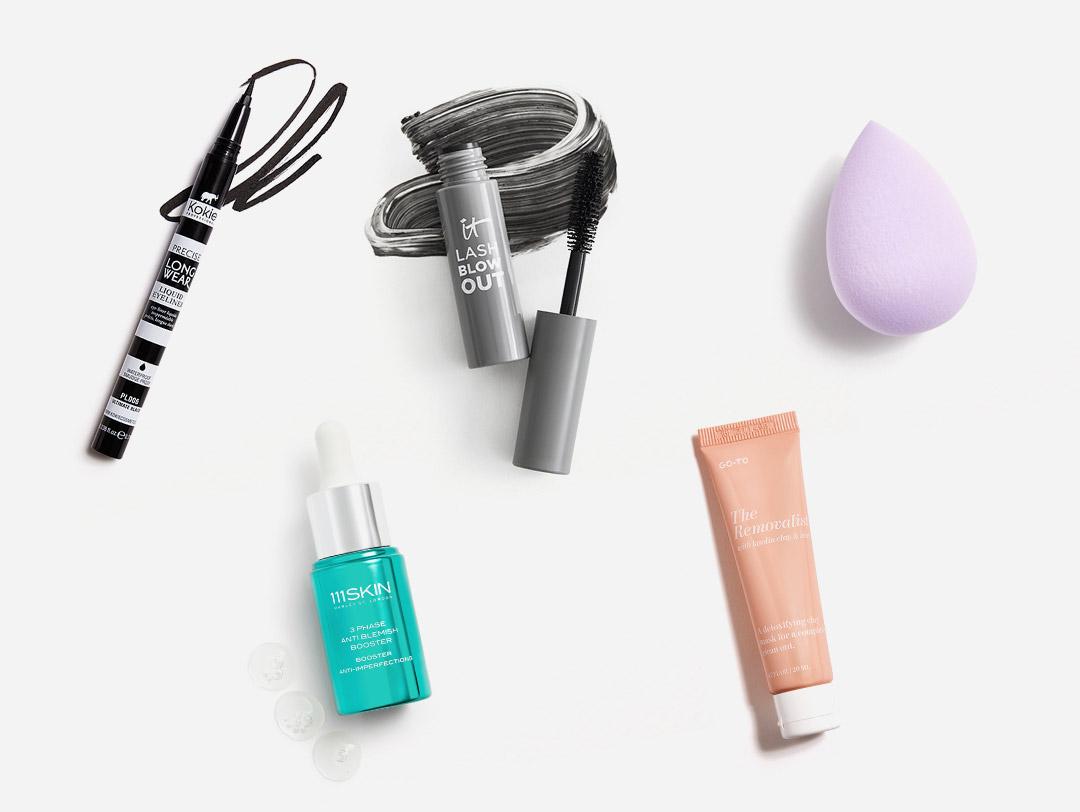 Makeup and skincare from the July 2021 IPSY Glam Bag and Glam Bag Plus swatched on white background