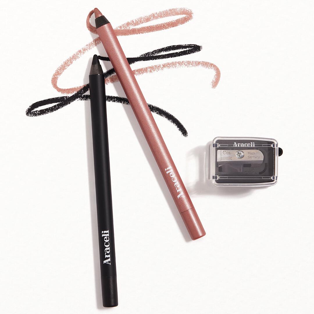 ARACELI BEAUTY Ojos Perfectos Gel Pencil Eyeliner Dúo + Cosmética Sharpener in Rose Gold/Rosa Dorado + Black/Negro Mobile