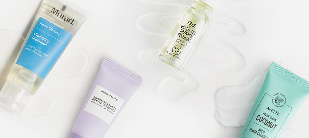 Four tubes of face washes for combination skin from various brands swatched on white background Desktop